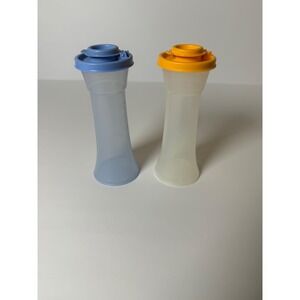 Tupperware Hourglass Salt and Pepper Shakers Blue Yellow Flip Top Lids Vintage